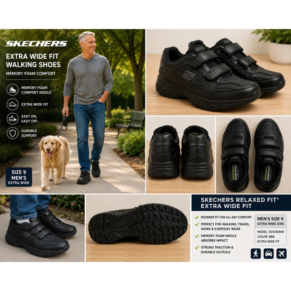 Skechers After Burn Memory Foam Blk Hook Loop Extra Wide Mens Sneaker 50121EWW 9